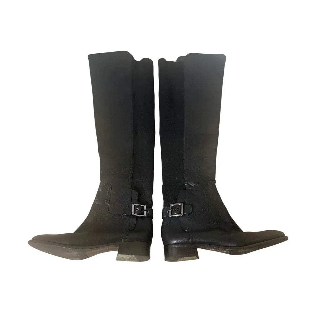 Tory Burch Black Leather Over The Knee Stretch Back Buckle Boots Low Heel
